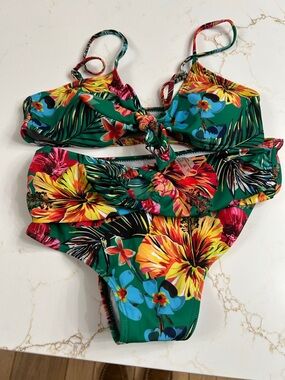 Tropical Floral Bikini Set in Green with Yellow & Pink Blooms